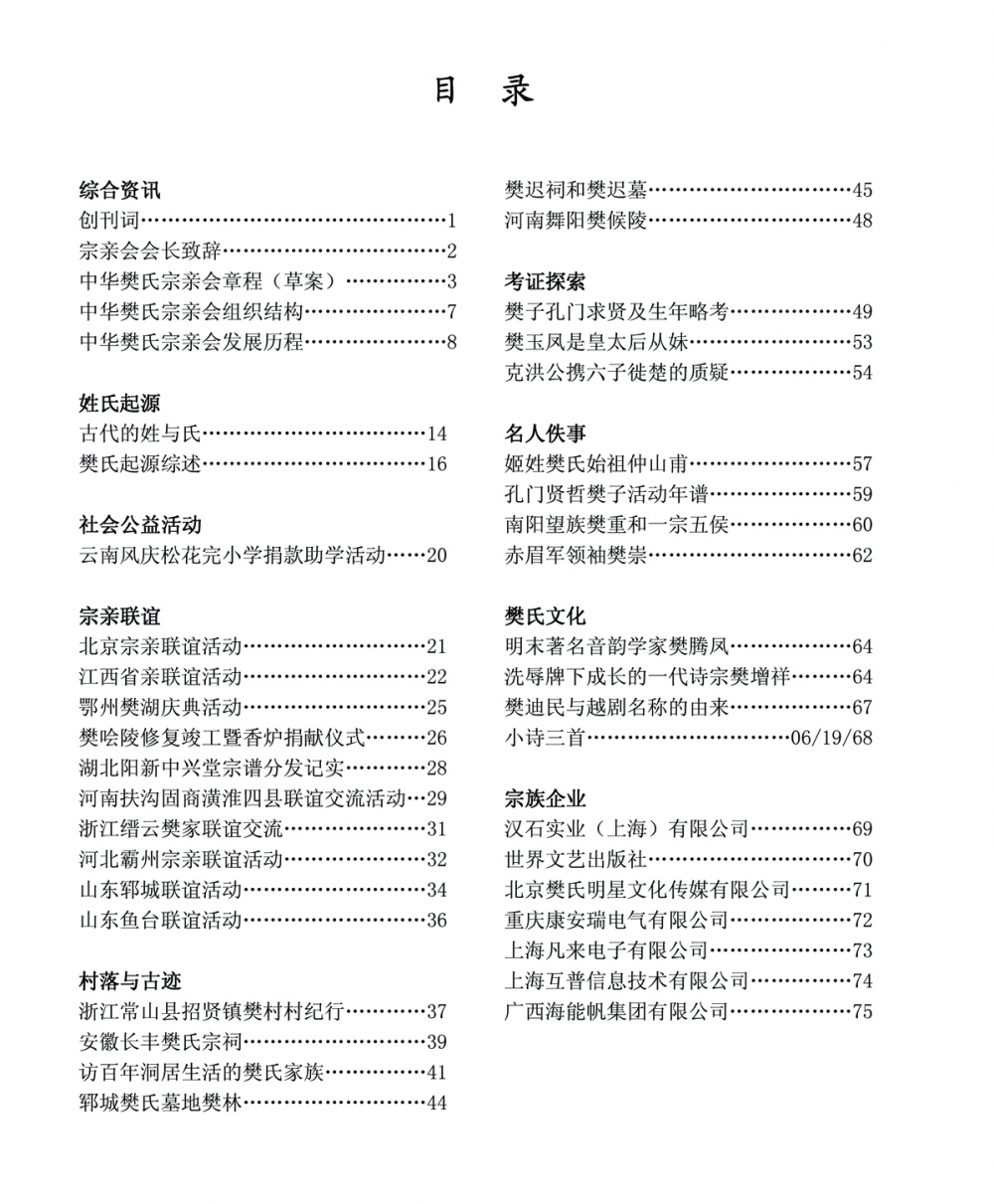 《樊家人》创刊号目录